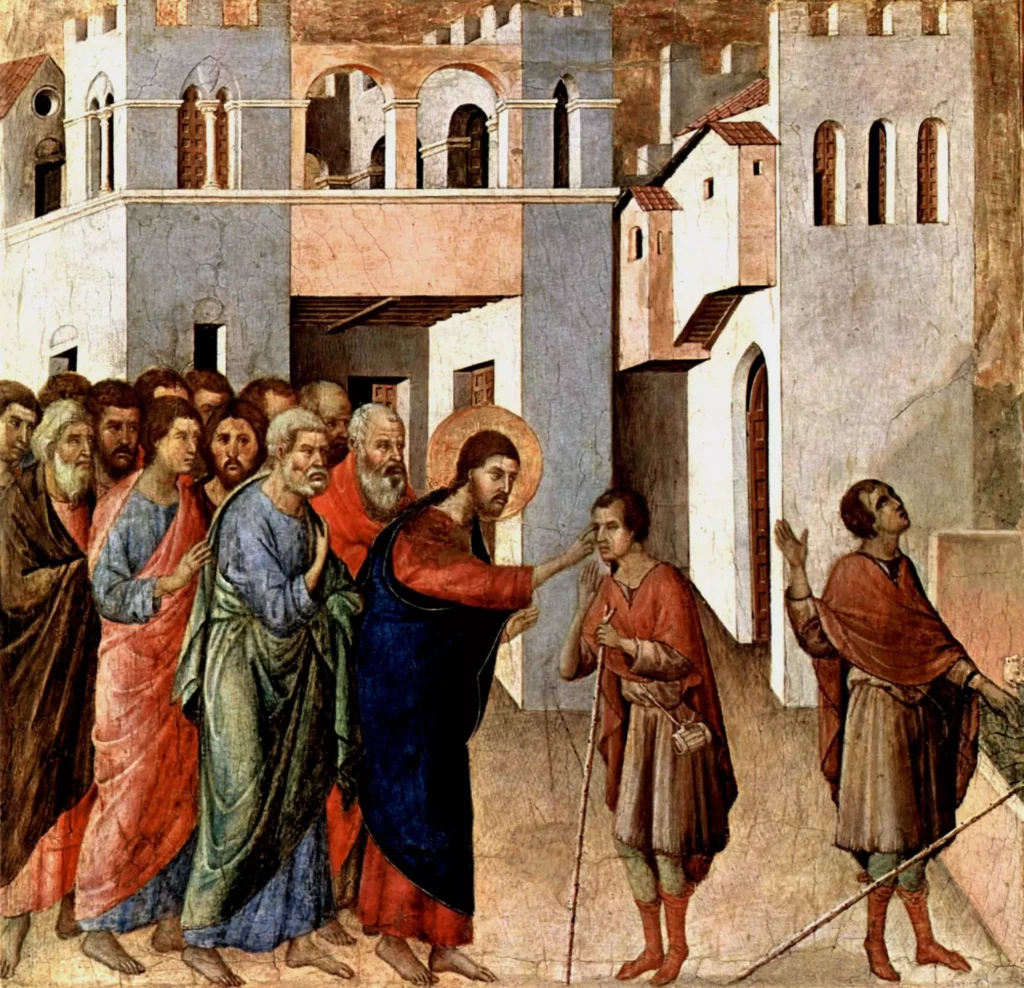 Jésus ouvre les yeux d’un aveugle, peinture de Duccio - National Gallery, Londres, vers 1310