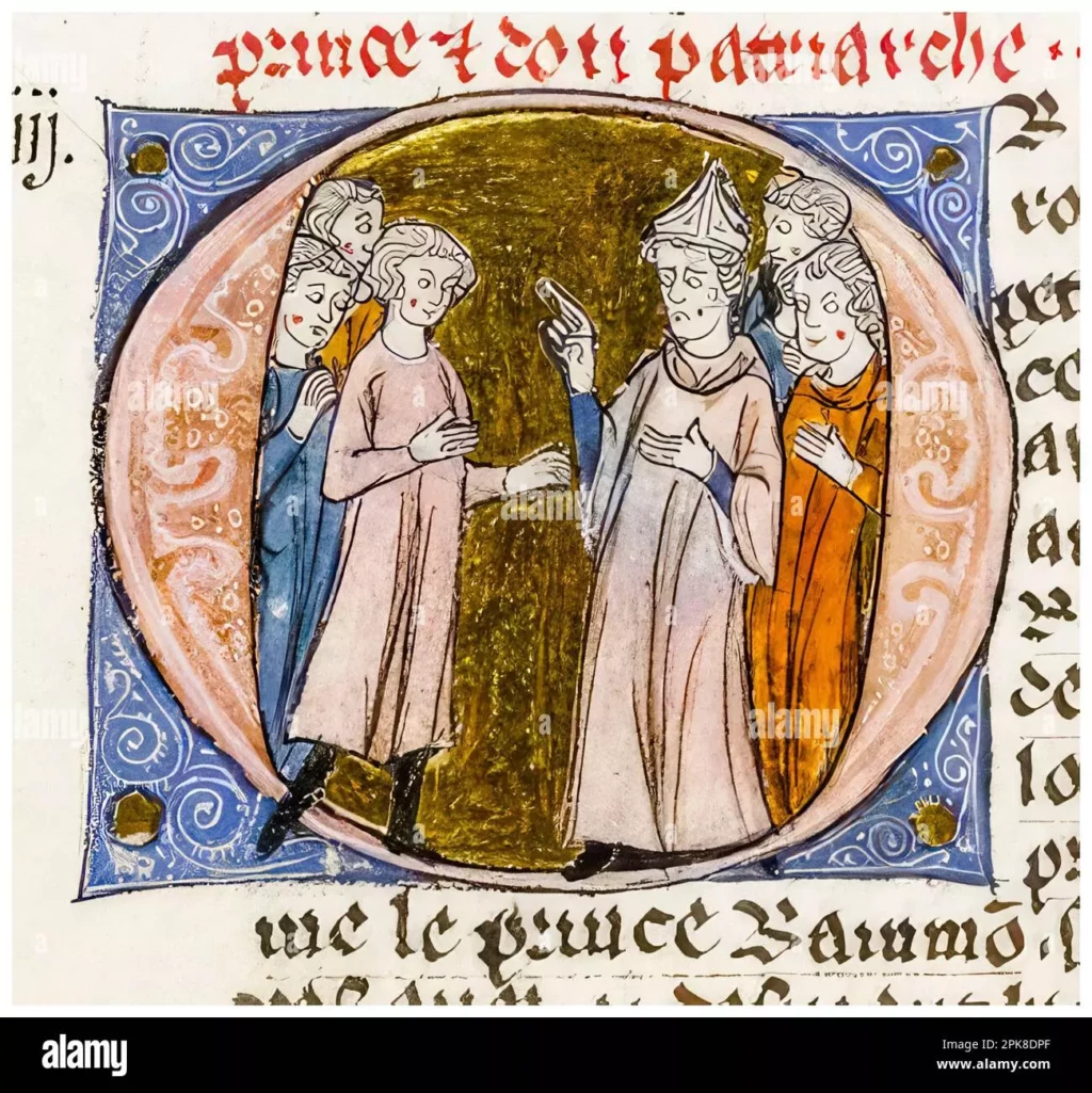 Un évêque bénissant - Enluminure, lettre O, 1295
